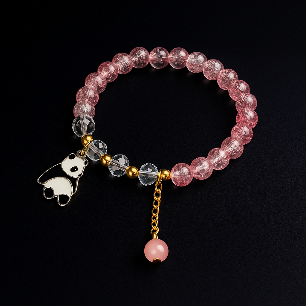 Crystal Bead Bracelet with Panda Charm & Gold Chain Drop