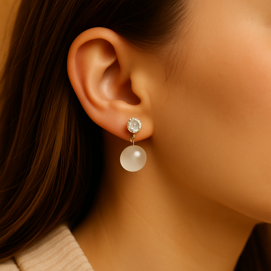 Silver Crystal Stud Earrings with Frosted Stone Drops