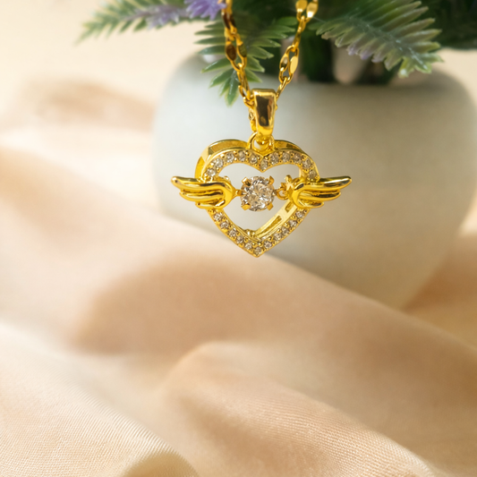 GlowFinch Gold finish Angel Wing Heart Crystal Pendant Necklace for Women | Symbol of Love & Protection