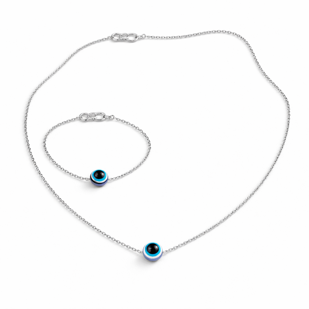 Evil Eye Necklace and Bracelet Set - Silver Finish Protective Jewelry for Women