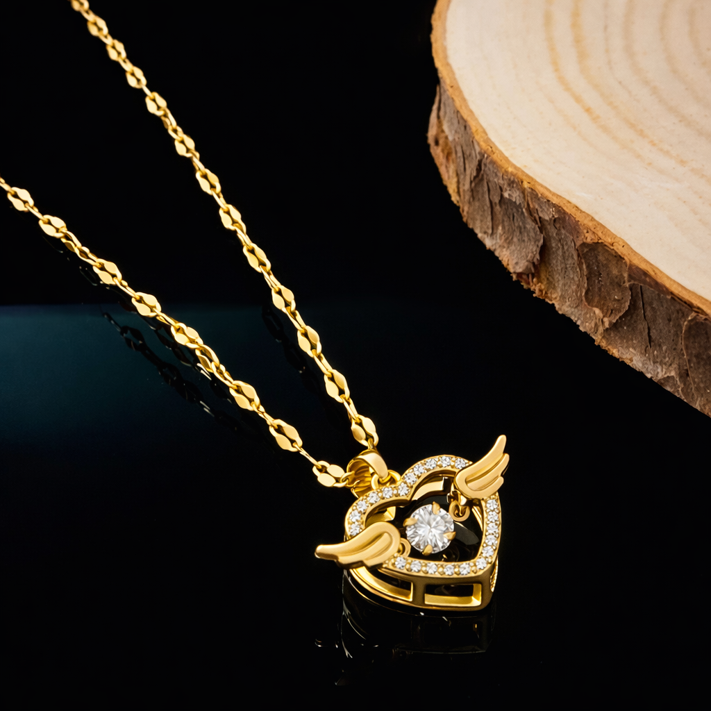 GlowFinch Gold finish Angel Wing Heart Crystal Pendant Necklace for Women | Symbol of Love & Protection