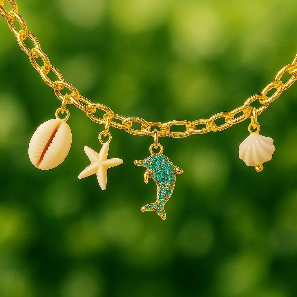GlowFinch Gold finish Ocean Charm Bracelet for Women | Dolphin, Shell & Starfish Charms
