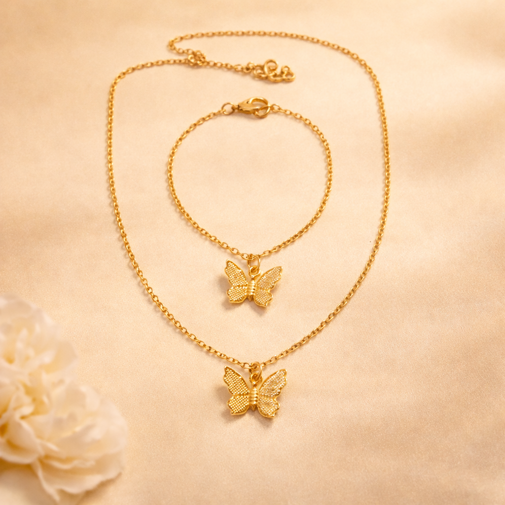 Butterfly Gold Finish Necklace Bracelet Set for Women