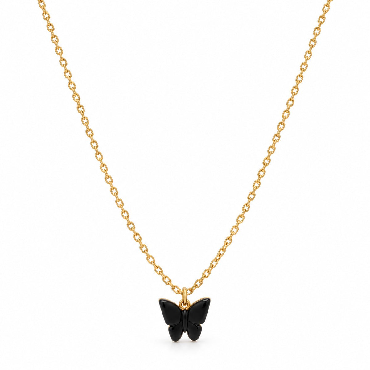 Gold black butterfly pendant chain necklace for women on a white background