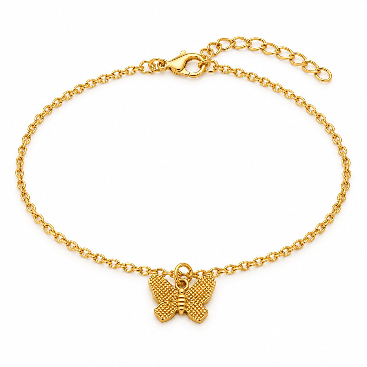 Gold butterfly charm bracelet with a textured butterfly charm on a white background