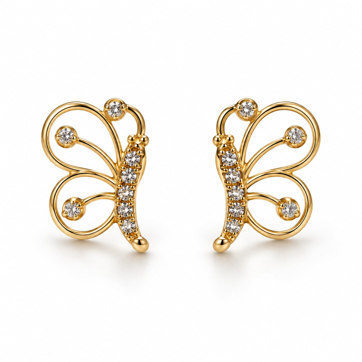 Gold butterfly stud earrings for women and girls with crystals on a white background