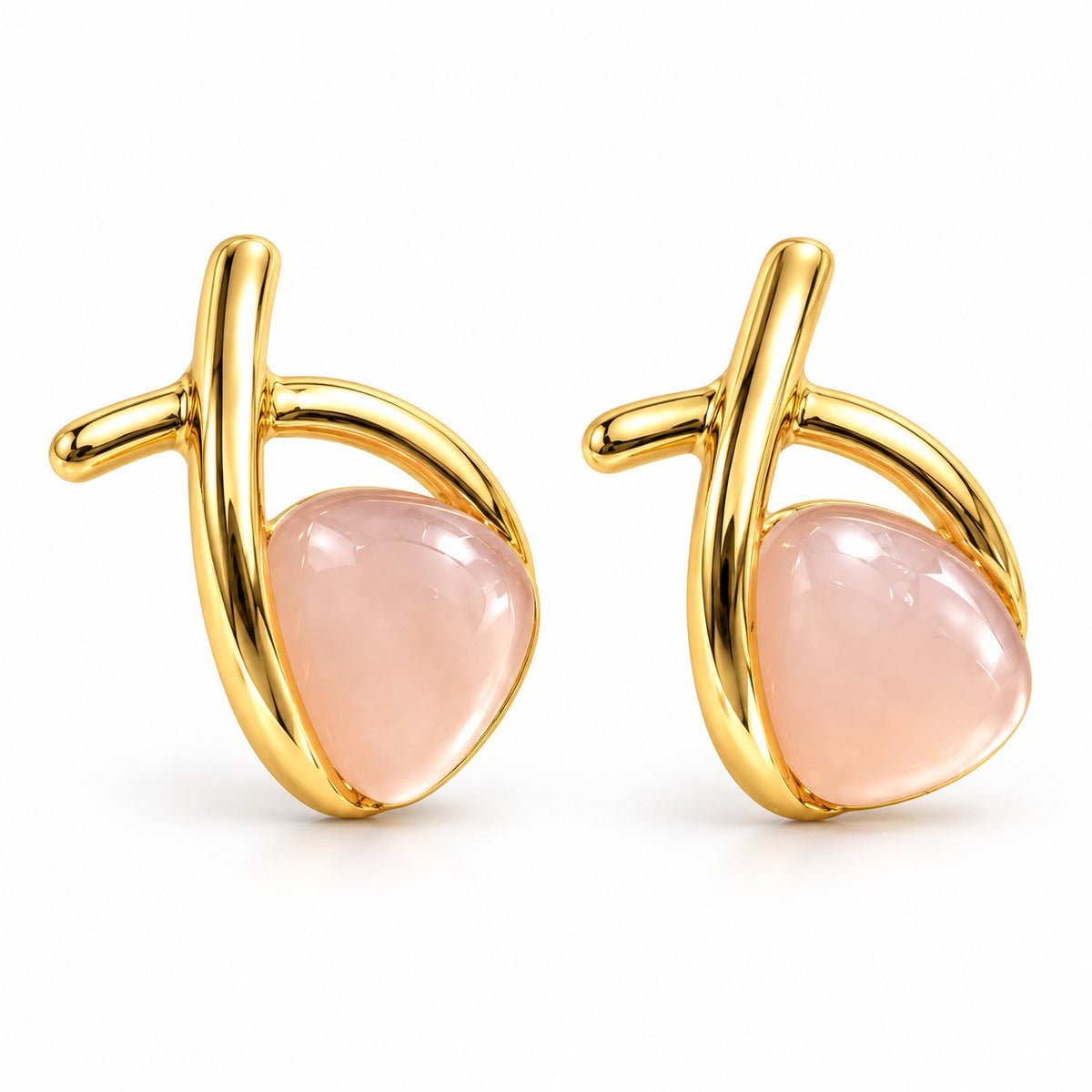 Gold crossover pink stone stud earrings for women on a white background