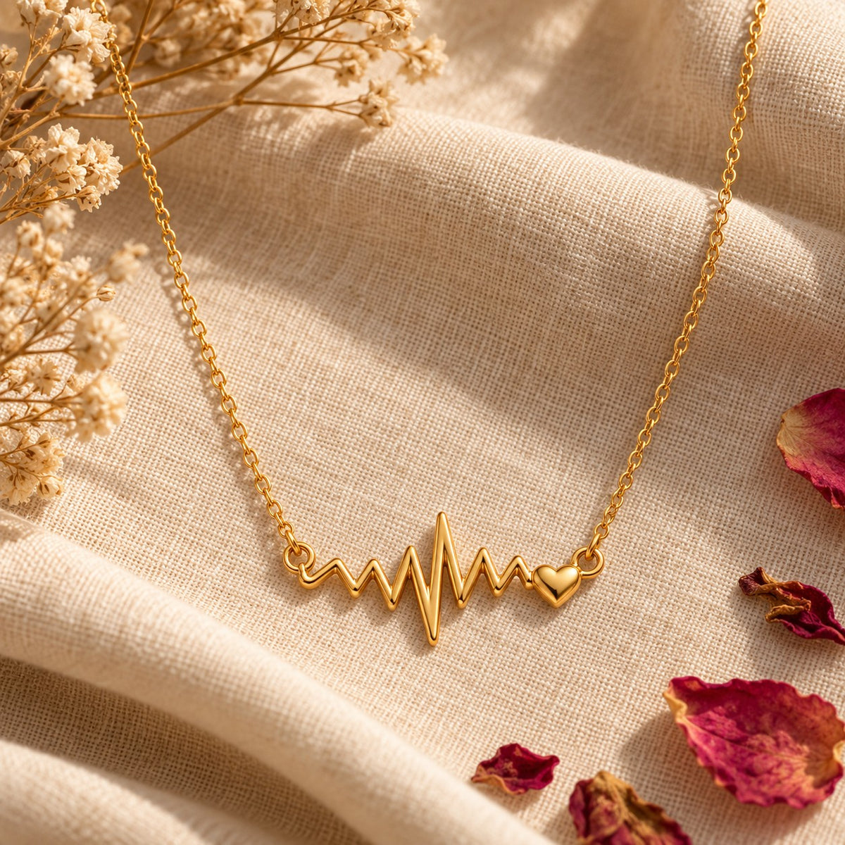 Gold heartbeat pendant chain necklace on linen with dried flowers