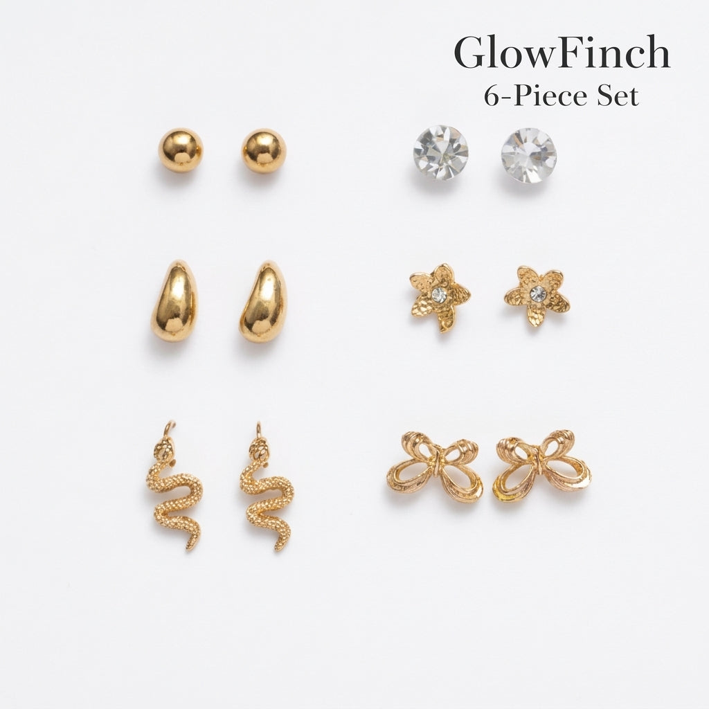 Gold finish Stud Earrings Set for Women | 6-Piece Combo