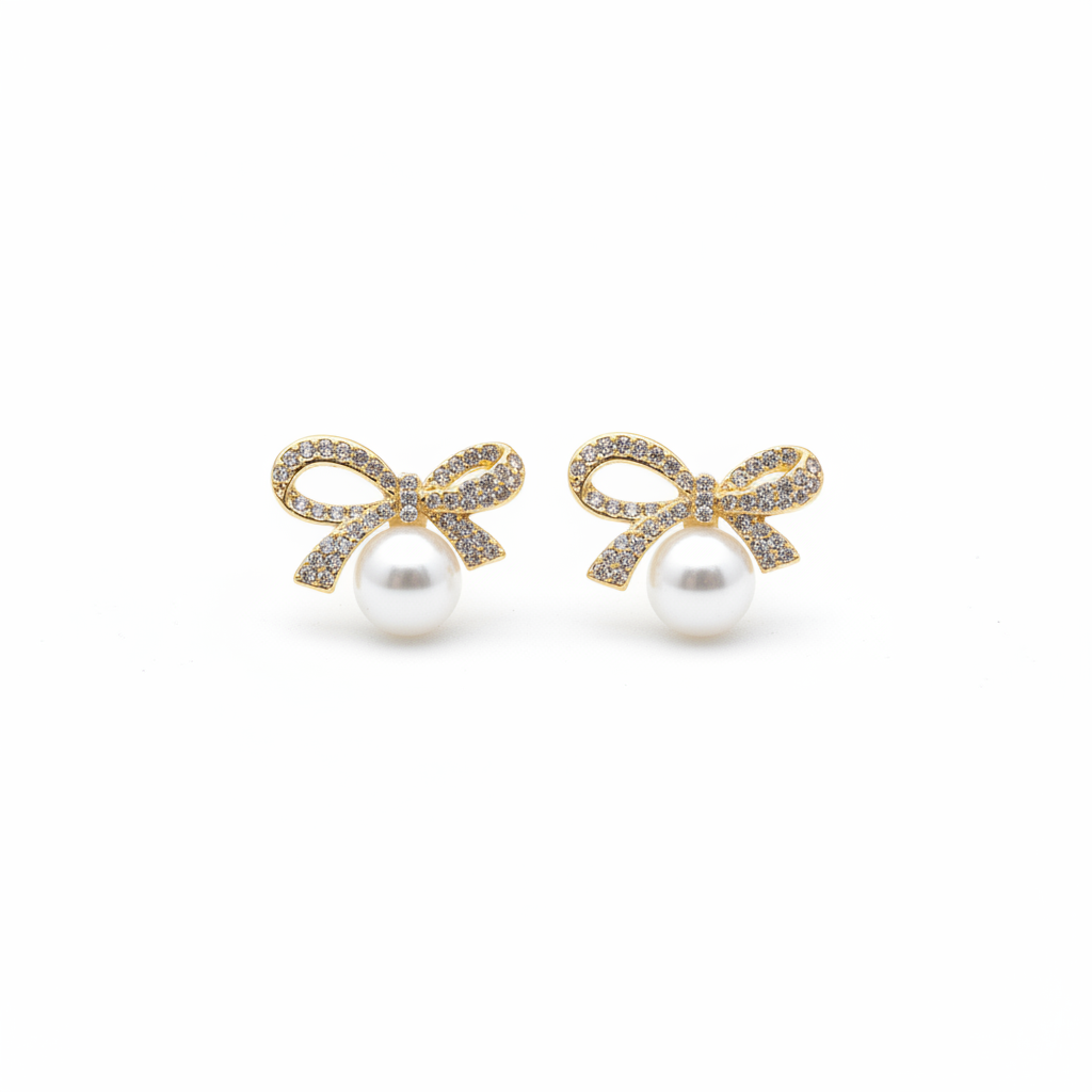 Crystal Bow Pearl Stud Earrings for Women | Gold Tone
