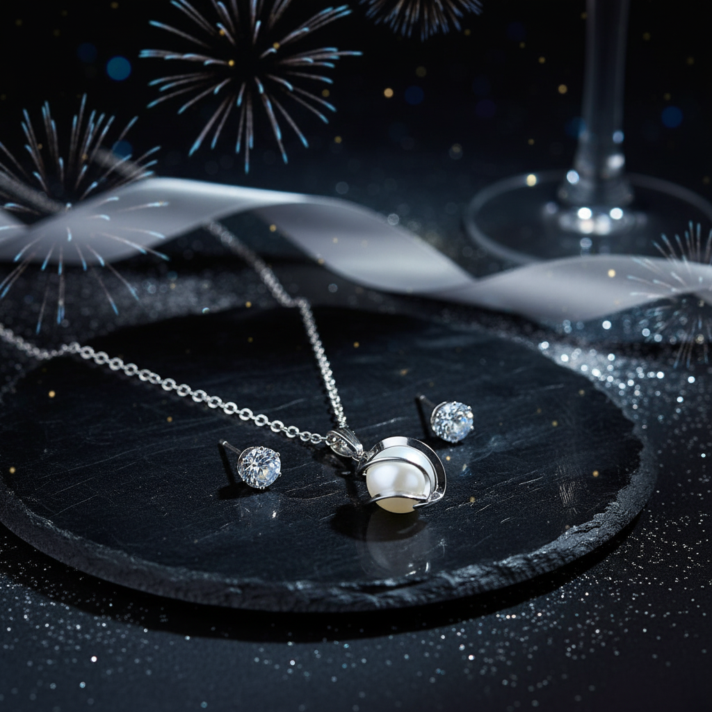 Silver Pearl Pendant Necklace Set with CZ Stud Earrings for Women
