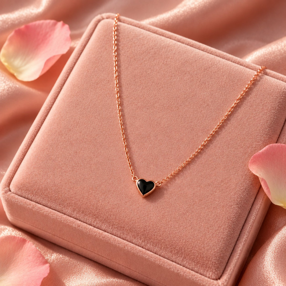 Rose gold black heart pendant necklace on a blush-pink velvet jewellery box