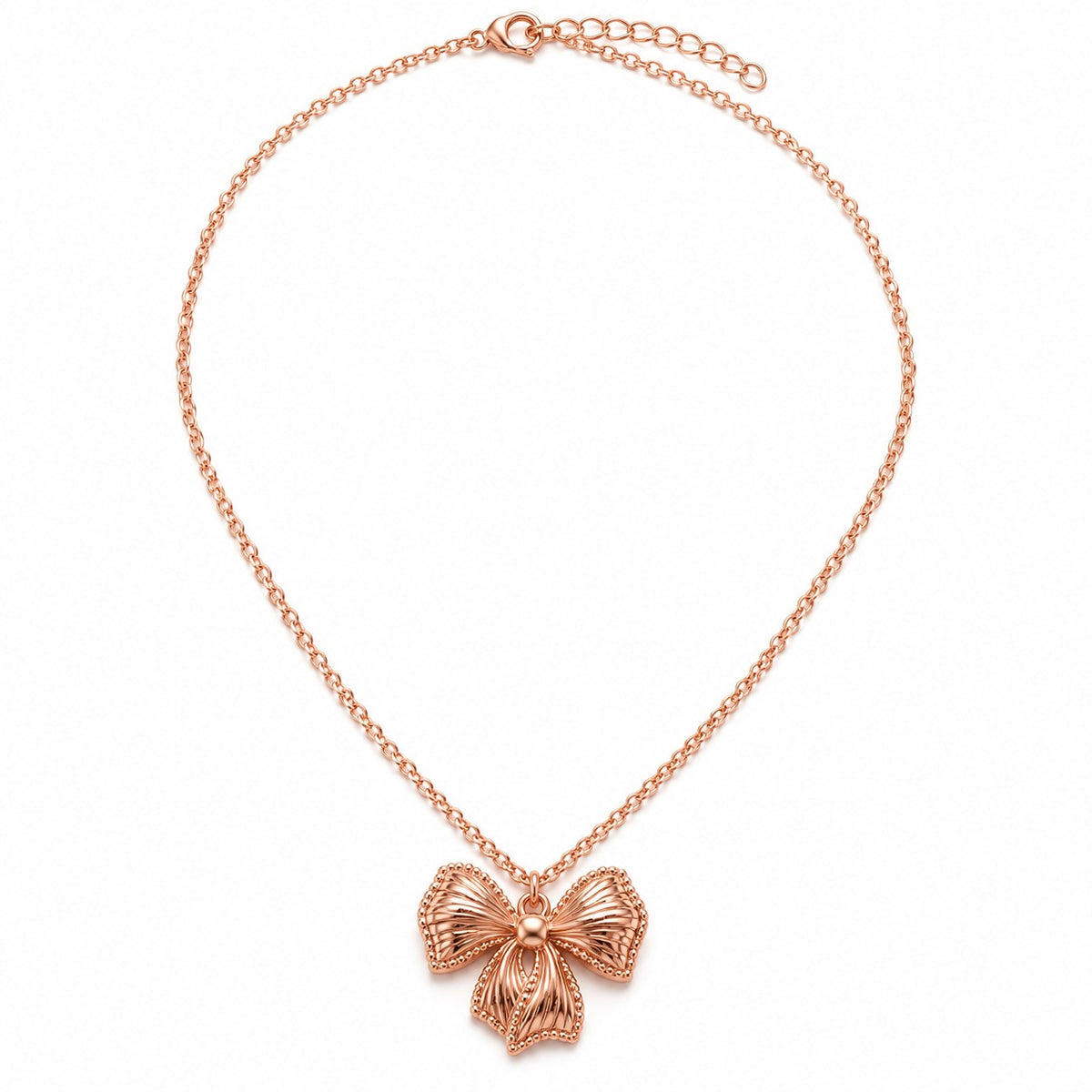 Rose gold bow pendant chain necklace for women on a white background