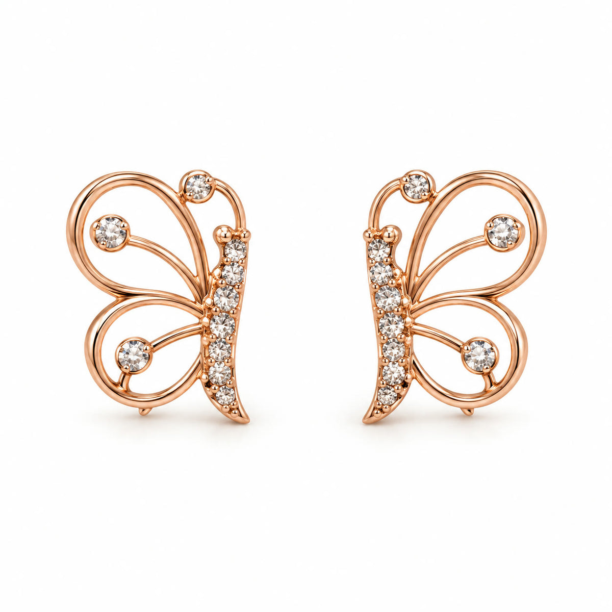 Rose gold butterfly stud earrings for women and girls with crystals on a white background