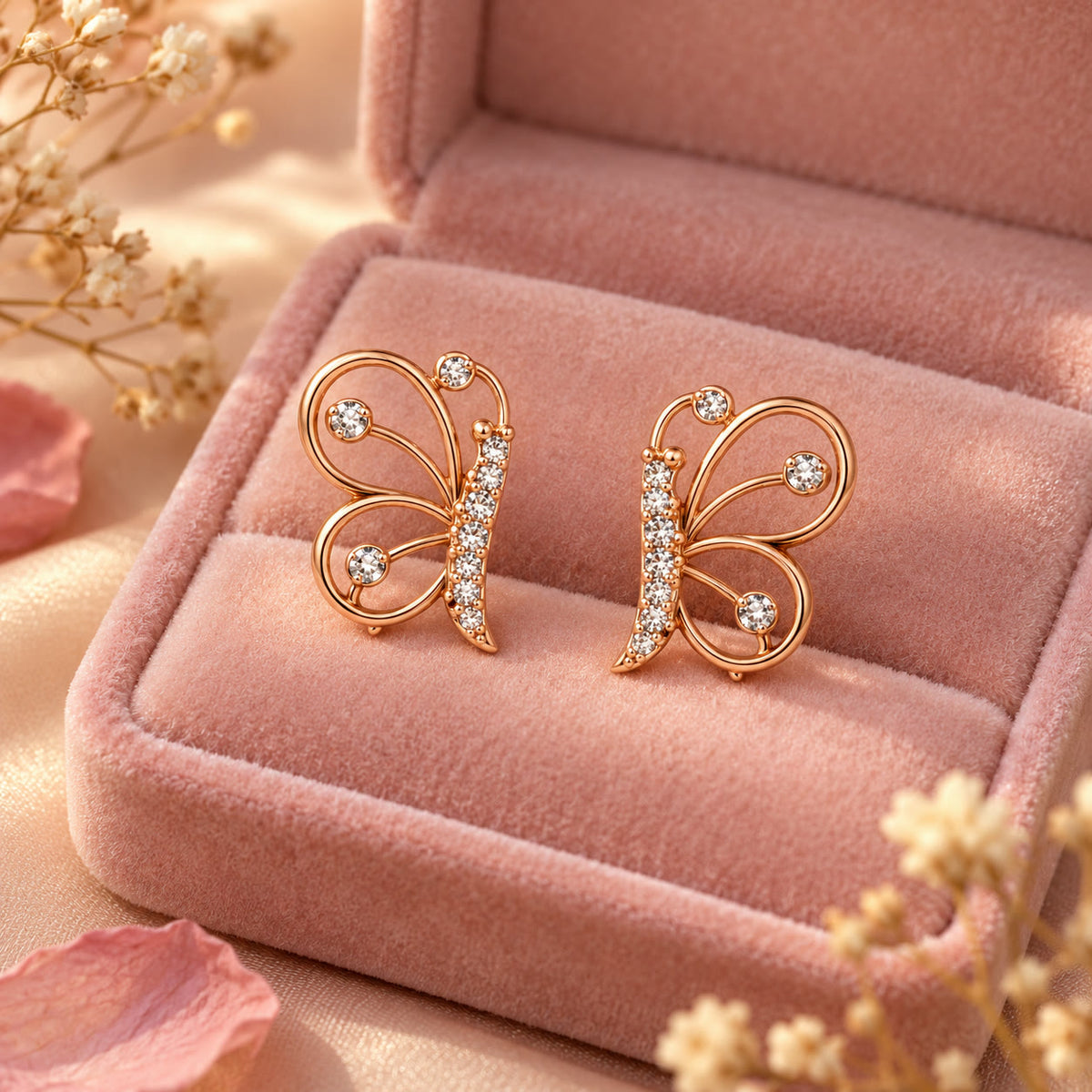 Rose gold butterfly stud earrings on a blush velvet jewellery box with dried flowers