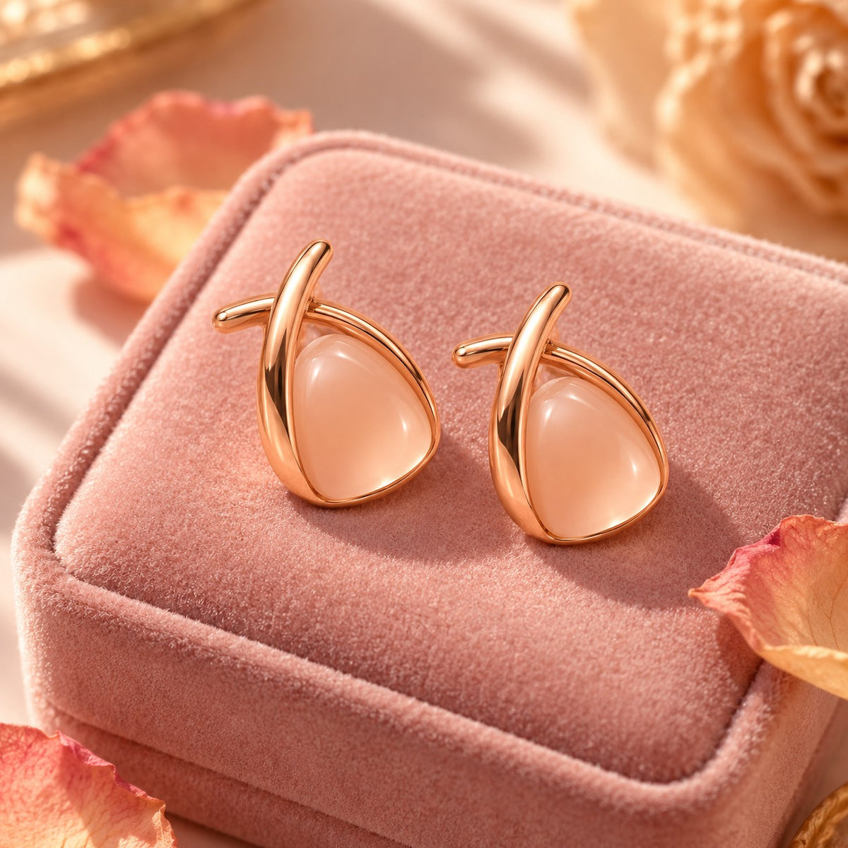 Rose gold crossover peach stone stud earrings on a blush-pink velvet box with petals