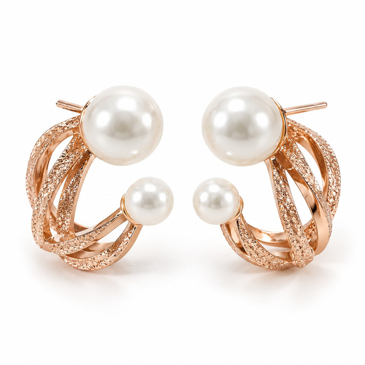 Rose gold double pearl twisted hoop stud earrings for women on a white background