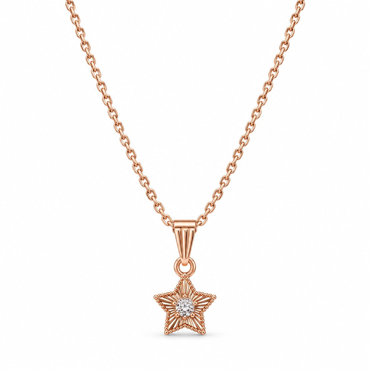 Rose gold star solitaire pendant chain necklace for women on a white background