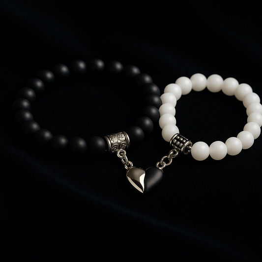 Premium Black & White Beaded Couple Bracelet Set with Heart Charm