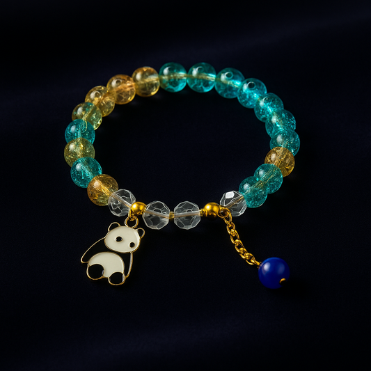 Aqua Crackle Bead Bracelet with Panda Charm & Blue Drop