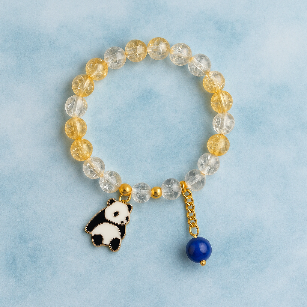Adorable Panda Charm Crystal Bead Bracelet with Gold Chain & Blue Bead