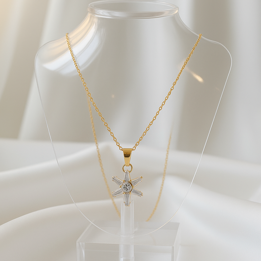 Elegant Gold Starburst Pendant Necklace with Sparkling Baguette Crystals