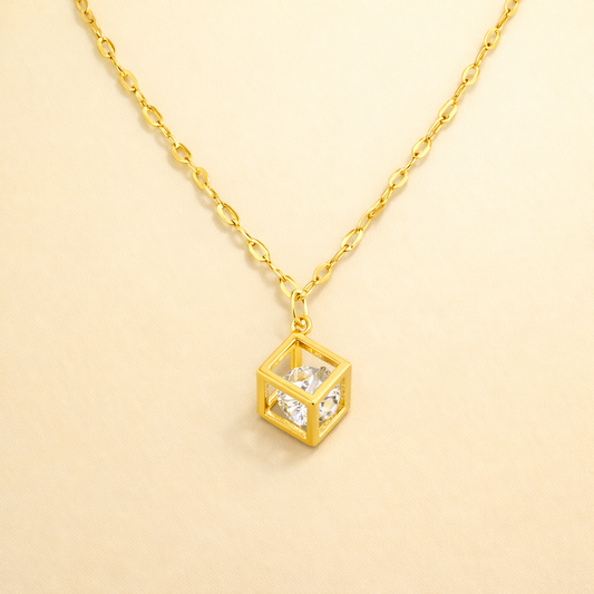 Gold finish geometric cube crystal pendant necklace for women