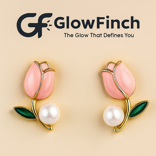 Pink Tulip Blossom Pearl Stud Earrings for Women | Elegant Floral Jewellery