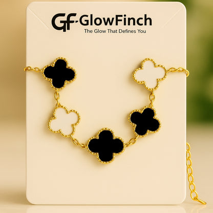 Black & White Clover Charm Bracelet for Women | Gold-Plated Enamel Jewellery