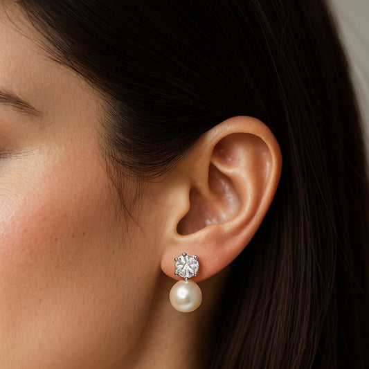 Elegant Pearl & Crystal Silver Stud Earrings