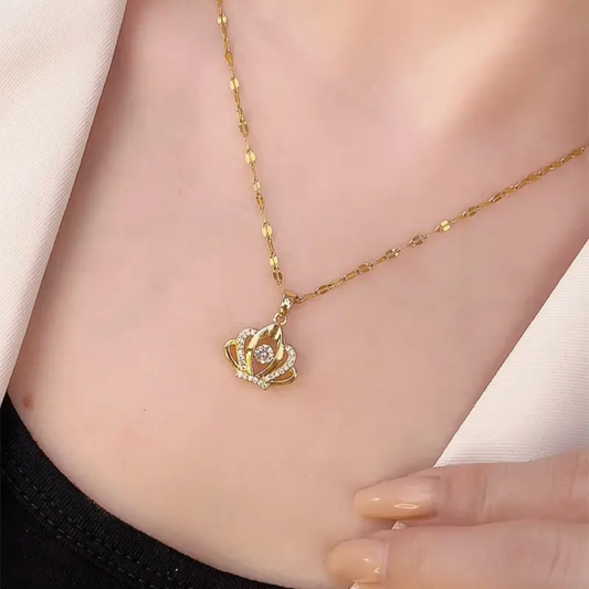 Gold finish Crown Crystal Pendant Necklace for Women | Elegant Royal Design Jewellery