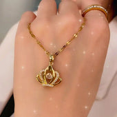 Gold Finish Crown Crystal Pendant Necklace for Women | Elegant Royal Design Jewellery
