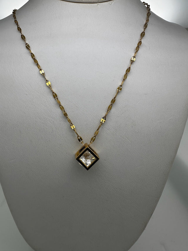 Gold Finish Geometric Cube Crystal Pendant Necklace for Women | Minimal Elegant Jewellery