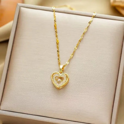 GlowFinch Gold finish Double Heart Crystal Pendant Necklace for Women | Elegant Love Jewellery