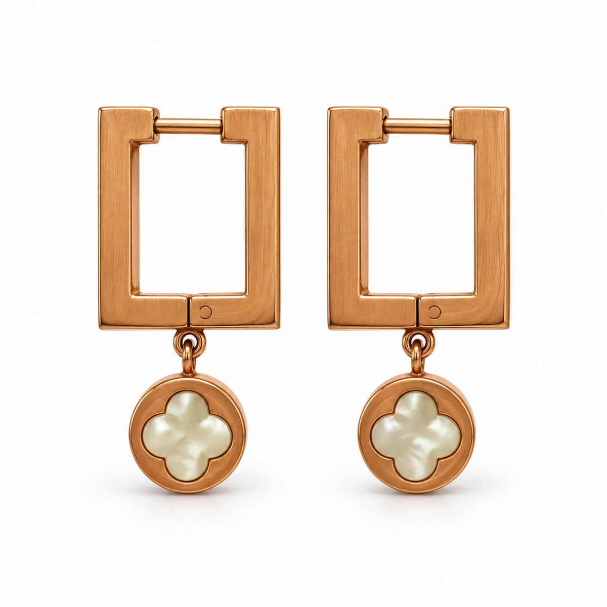 Rose Gold Square Hoop Clover Drop Earrings