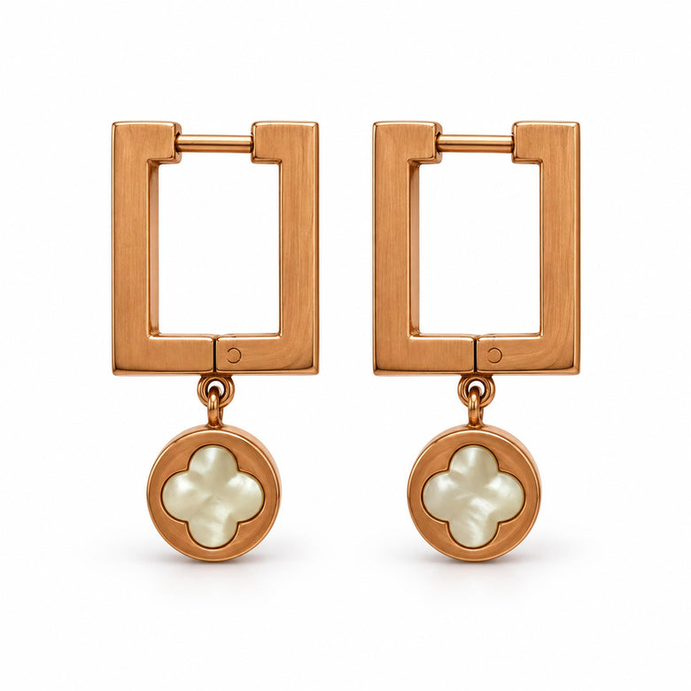 Rose Gold Square Hoop Clover Drop Earrings
