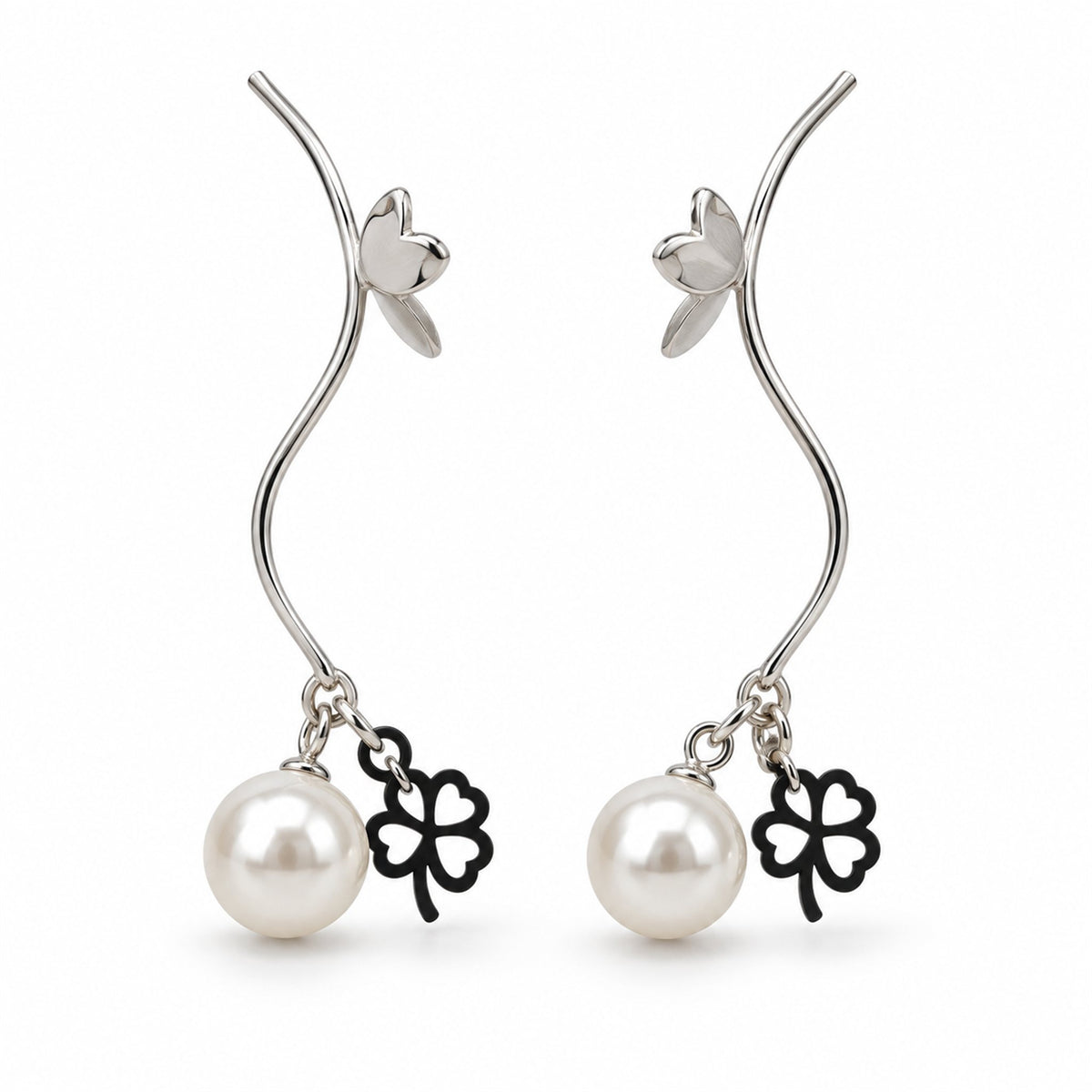 Silver Vine Pearl Clover Drop Earrings
