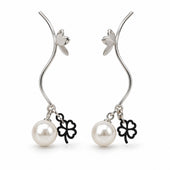 Silver Vine Pearl Clover Drop Earrings