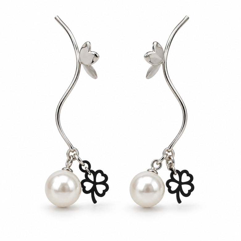 Silver Vine Pearl Clover Drop Earrings