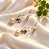 Silver Vine Pearl Clover Drop Earrings