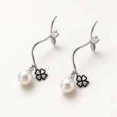 Silver Vine Pearl Clover Drop Earrings