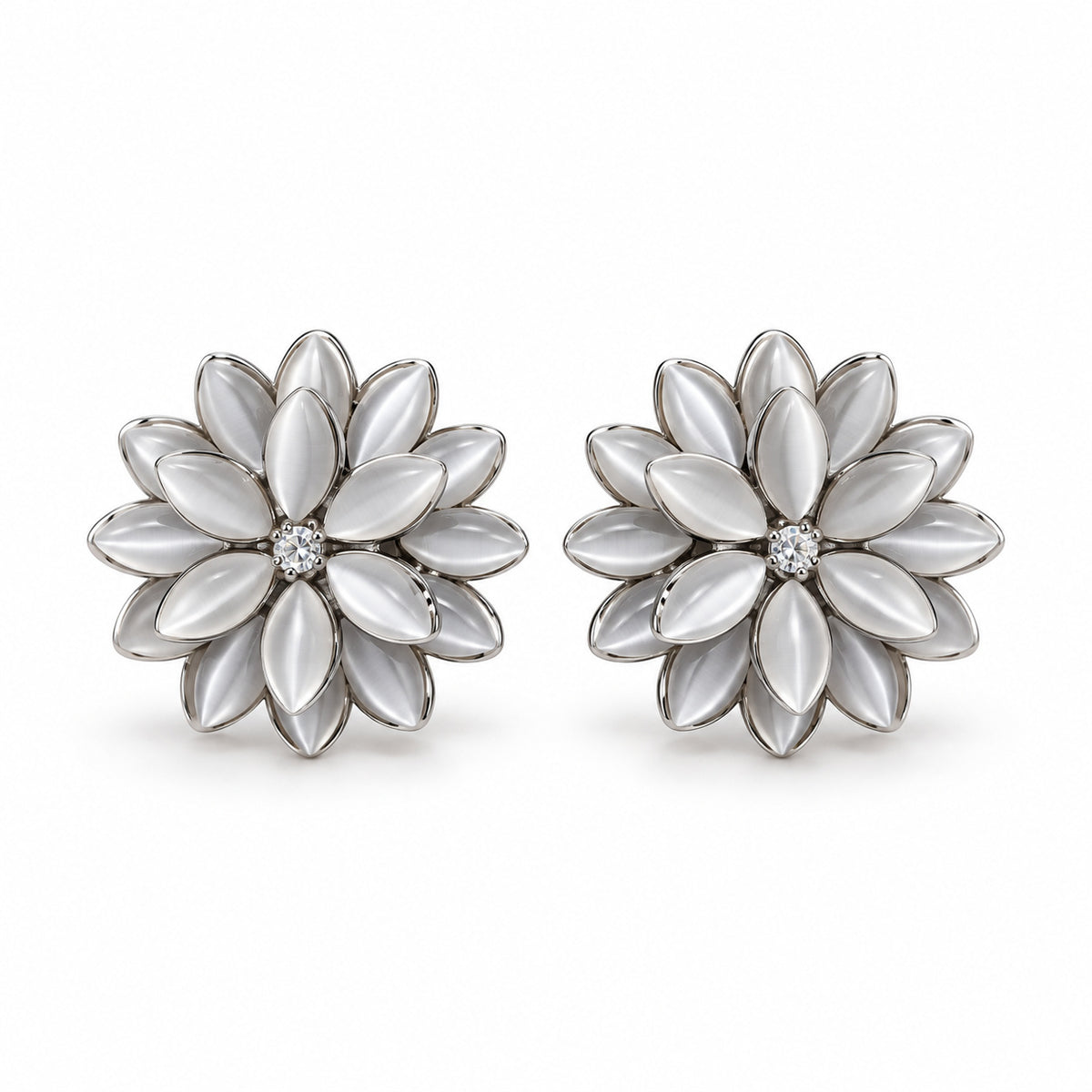 Silver White Cat Eye Flower Cluster Stud Earrings for Women and Girls