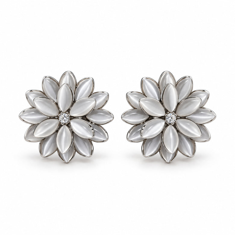 Silver White Cat Eye Flower Cluster Stud Earrings for Women and Girls