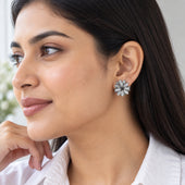 Silver White Cat Eye Flower Cluster Stud Earrings for Women and Girls