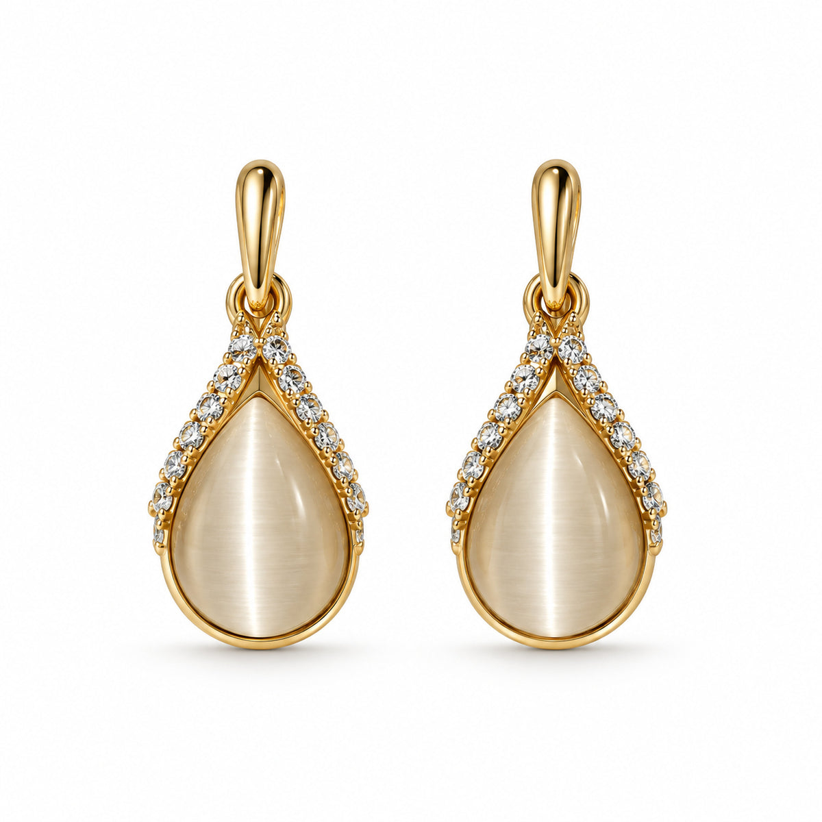 Gold Plated Teardrop Cat Eye Stone CZ Drop Earrings for Women