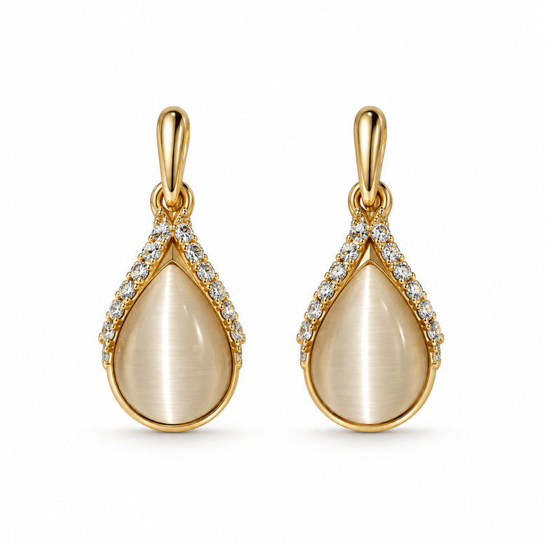 Gold Plated Teardrop Cat Eye Stone CZ Drop Earrings for Women