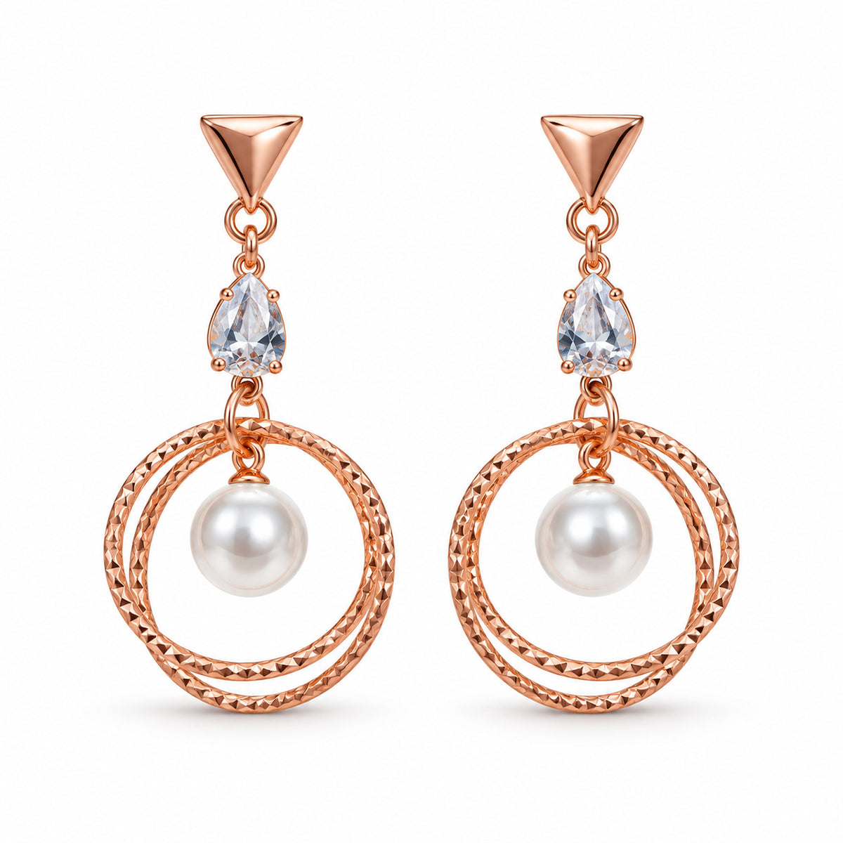 Rose Gold Double Hoop Pearl Drop Earrings with CZ for Women