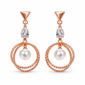 Rose Gold Double Hoop Pearl Drop Earrings with CZ for Women
