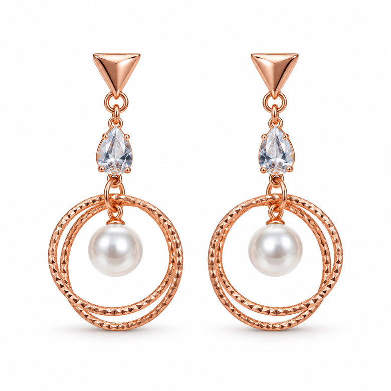 Rose Gold Double Hoop Pearl Drop Earrings with CZ for Women