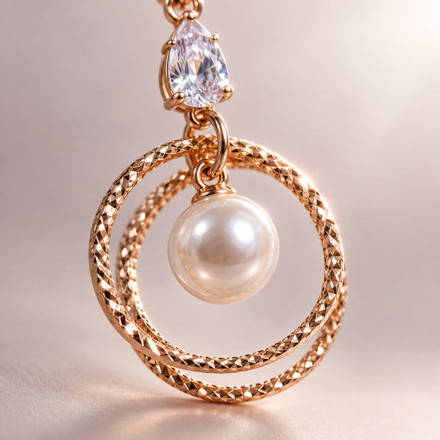 Rose Gold Double Hoop Pearl Drop Earrings with CZ for Women